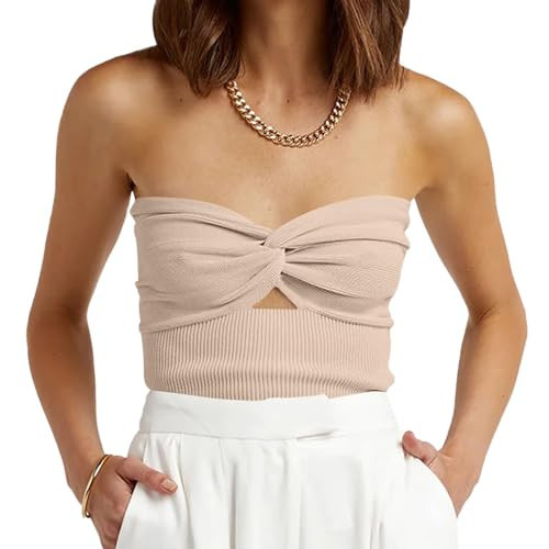 ANRABESS Womens Tube Tops Strapless Cut Out Twist Knot Front Bandeau Ribbed Knit Y2K Tank Corset Tops Teens Preppy Clothes Small Apricot | Amazon (US)