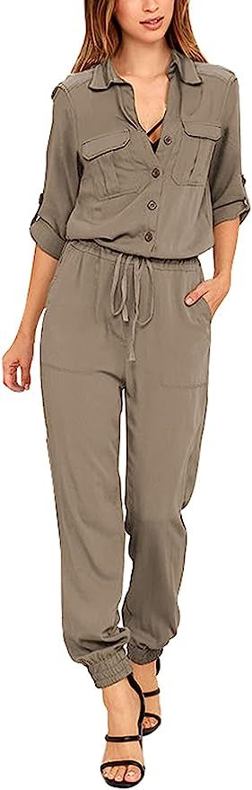 VamJump Womens Casual 3/4 Sleeve Elastic Drawstring Waist Jumpsuits Rompers with Pockets | Amazon (US)