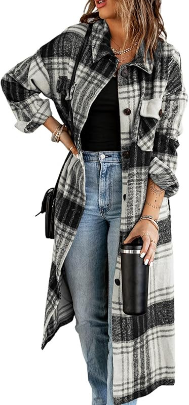 SHEWIN Women's Casual Lapel Button Down Long Plaid Shirts Coat Tartan Shacket Jacket | Amazon (US)