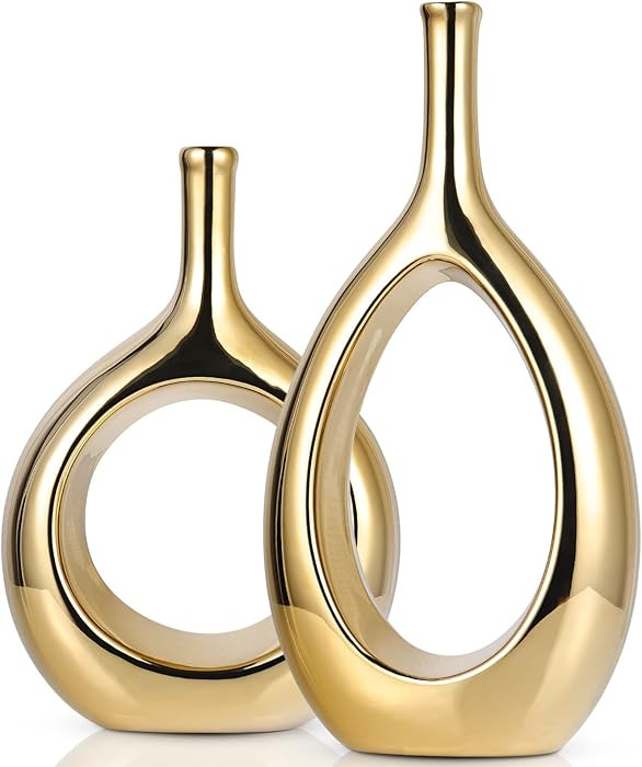Glossy Gold Vase Ceramic Gold Vases Home Decor,Modern Minimalist Circle with Hole Decorative Vase... | Amazon (US)