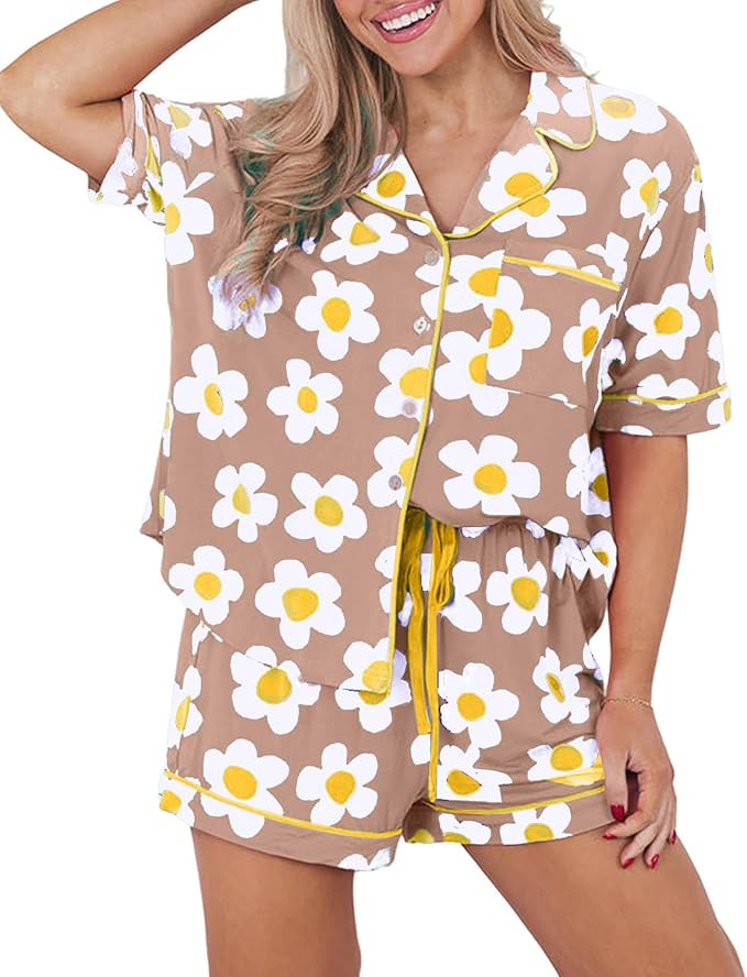 KevaMolly Womens Pajama Sets Pink Flower Print Buttoned Drawstring Waist Lounge Set Short Sleeve ... | Amazon (US)