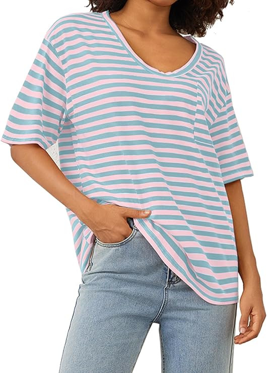 Women Oversized T Shirt Striped Short Sleeve Deep V Neck Tee Shirt Casual Loose Drop Shoulder Sum... | Amazon (US)