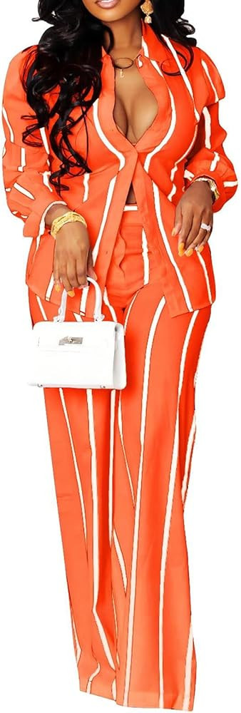 Remelon Women's Casual Two Piece Outfits Striped Long Sleeve Collar Button Down Shirt Blouse High... | Amazon (US)