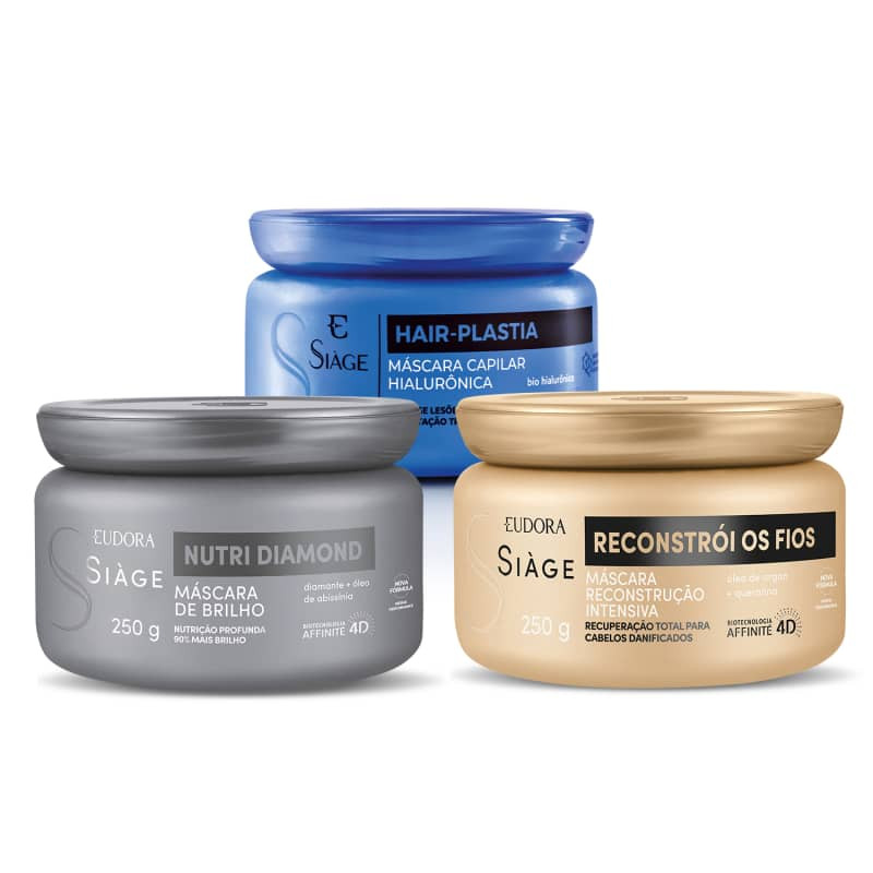 Combo Máscara Capilar Siàge: Hair-Plastia 250g + Reconstrói os Fios 250g + Nutri Diamond 250g ... | Eudora (BR)