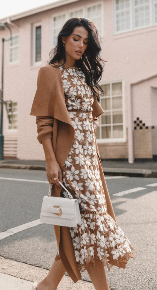 Guipure-lace flowers pop from an intricately embroidered midi dress framed by billowy balloon sleeves and a scalloped, flounced hem. Brown and white. Thanksgiving holiday dress.  

 #LTKHoliday #LTKSeasonal #LTKWorkwear