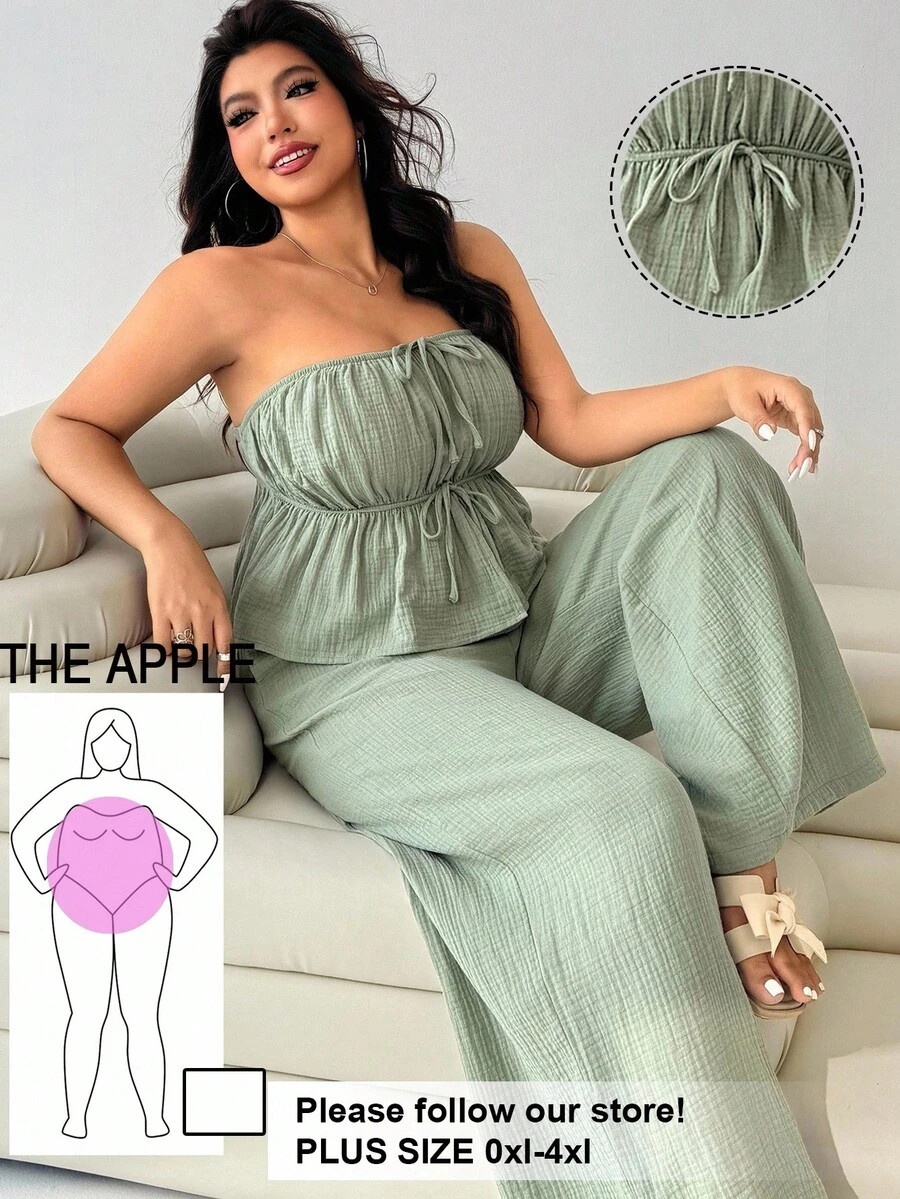 Solflare Plus Size Women 2 Pieces Green Cotton Linen Camisole Set, Suitable For Holiday,Holiday O... | SHEIN