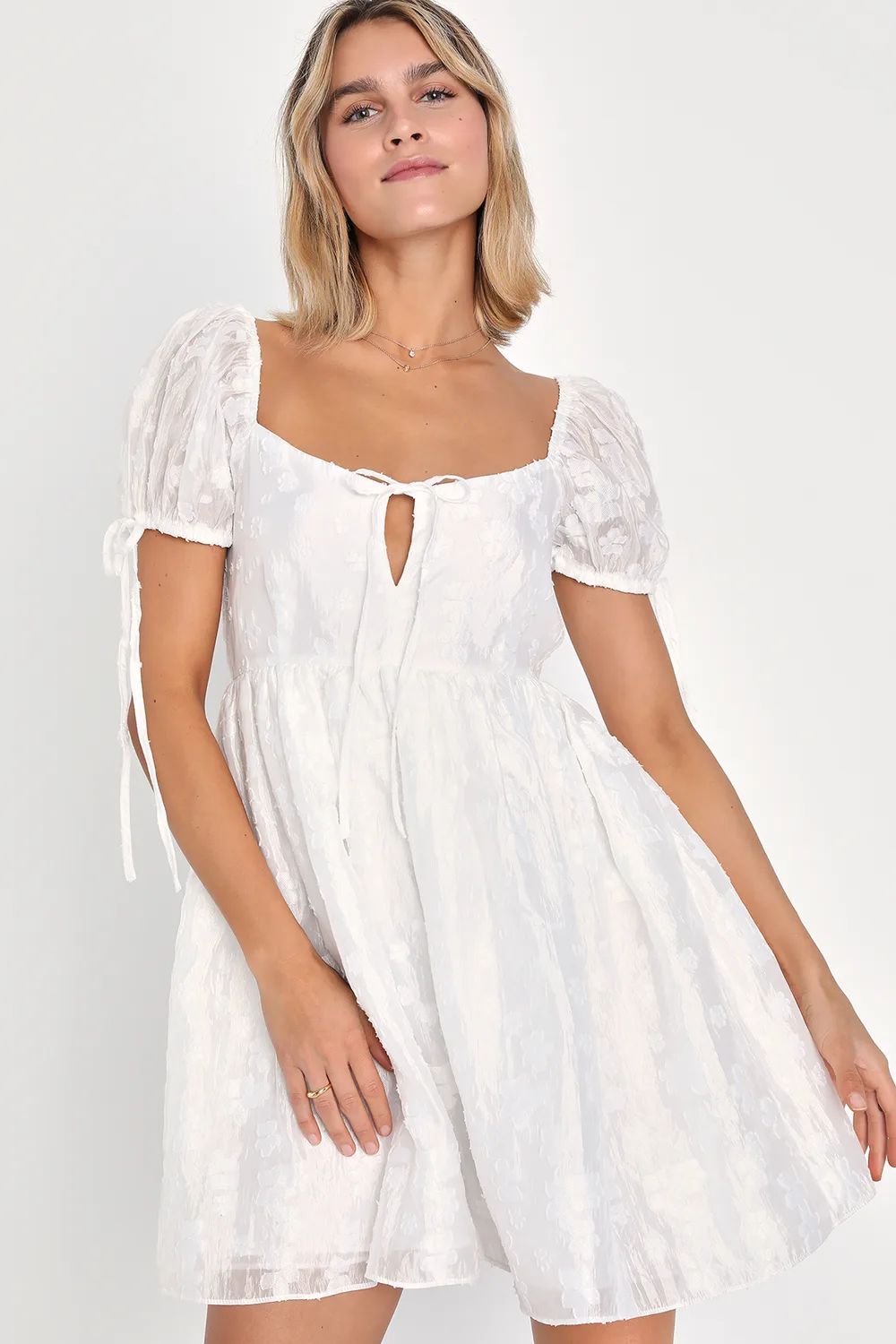 Exceptionally Angelic White Floral Puff Sleeve Mini Dress | Lulus (US)