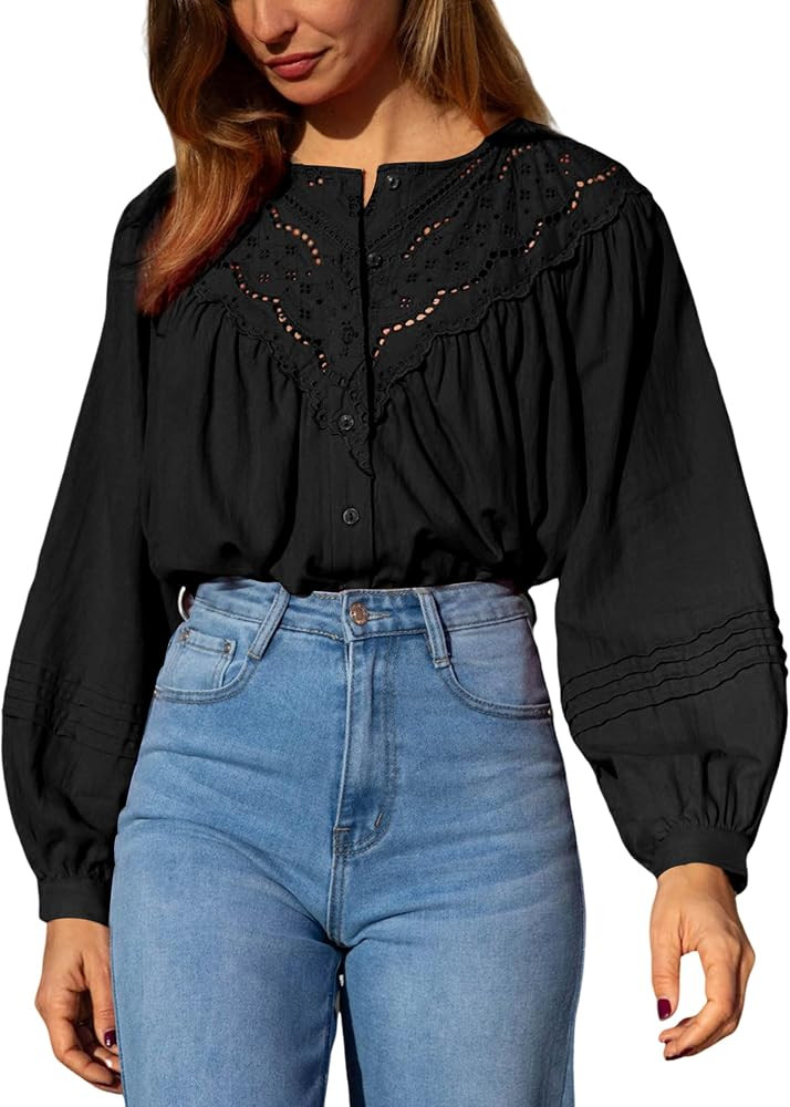 Dqbeng Womens Eyelet Tops Long Puff Sleeve Dressy Casual Blouses Lace Embroidered Button Down Boh... | Amazon (US)