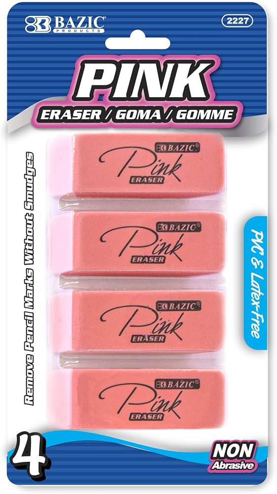 BAZIC Products Pink Bevel Eraser, 4 Count, for School Home Office, Smudge-Free, for Pencil Marks | Amazon (US)