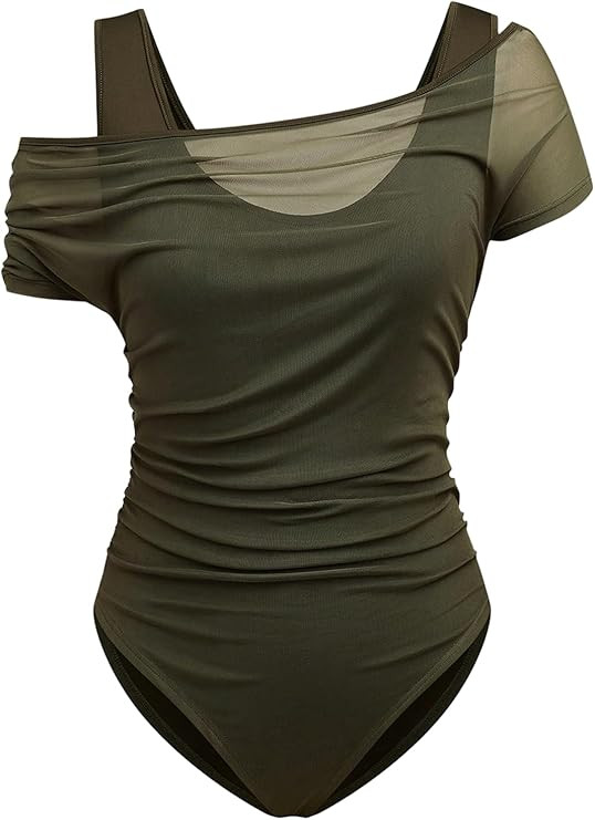 WDIRARA Women's Plus Size 2 in 1 Mesh Off Shoulder Bodysuit Ruched Short Sleeve Tee Top | Amazon (US)