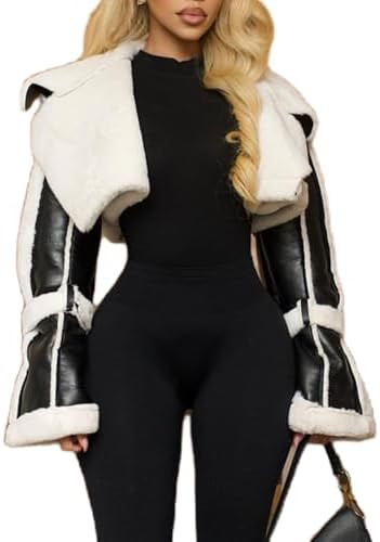 Womens PU Leather Crop Jacket Vintage Large Lapel Patchwork Jacket with fleece Winter Going Out S... | Amazon (US)