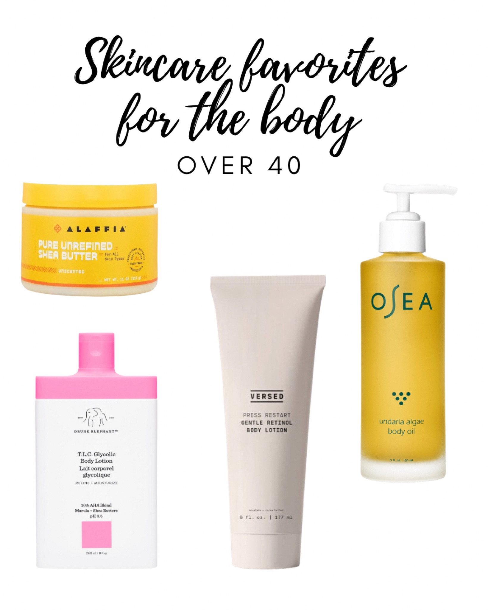 My favorite skincare products for the body for over 40 women. I alternate days with the lotions. Use the oil and shea butter as needed.

#40plus #40plusskincare


#LTKsalealert #LTKFind