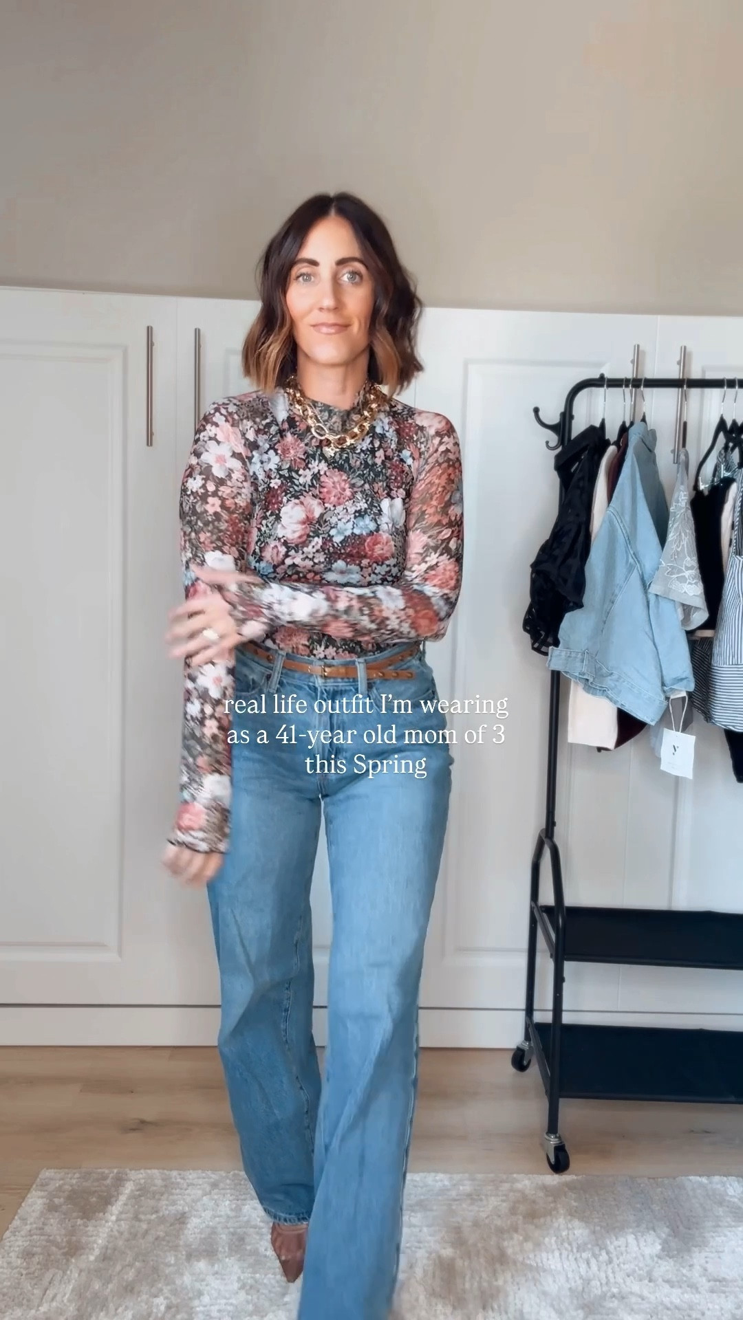 Real life spring outfit as a 41-year-old mom of three! My mesh floral top is on sale for under $10 today! 

*Wearing size small ￼

#LTKootd #LTKOver40
