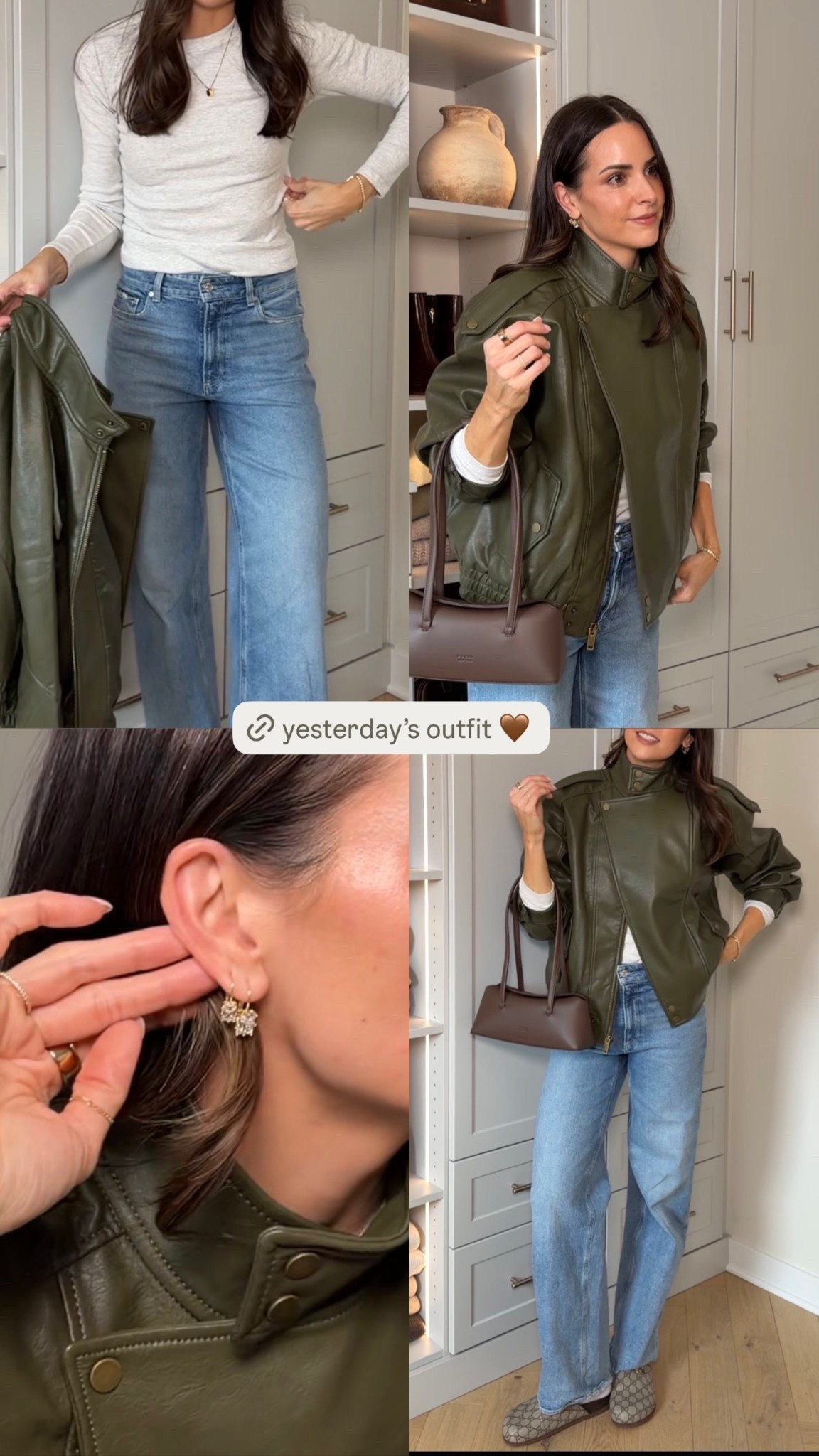 Olive vegan leather jacket: true to size (S) roomy fit 
Light grey ribbed long sleeve tee: true to size (S) 
Paige jeans: tts (27) 
Gucci clogs: tts, size up for half sizes 

#LTKgrwm #LTKNYFW #LTKootd