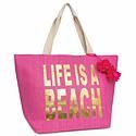 Magid Life Is A Beach Metallic Slogan Insulated Straw Beach Tote - Pink | HSN