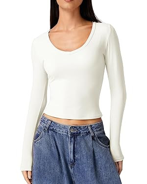 QINSEN Women Double Lined Fitted Basic T Shirts V Neck Long Sleeve Crop Top | Amazon (US)
