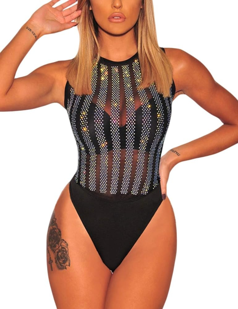 SEBOWEL Women Long Sleeves Mesh See Through Jumpsuit Bodysuit Top Leotard | Amazon (US)