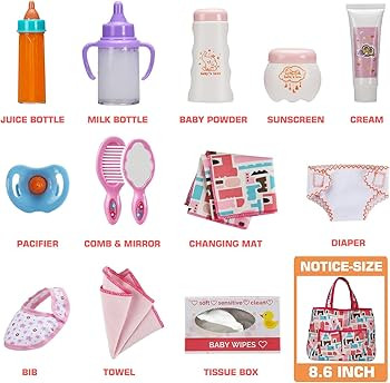 14 Pack Baby Doll Accessories, Baby Doll Feeding and Caring Set Includes Diaper Bag, Doll Diapers... | Amazon (US)