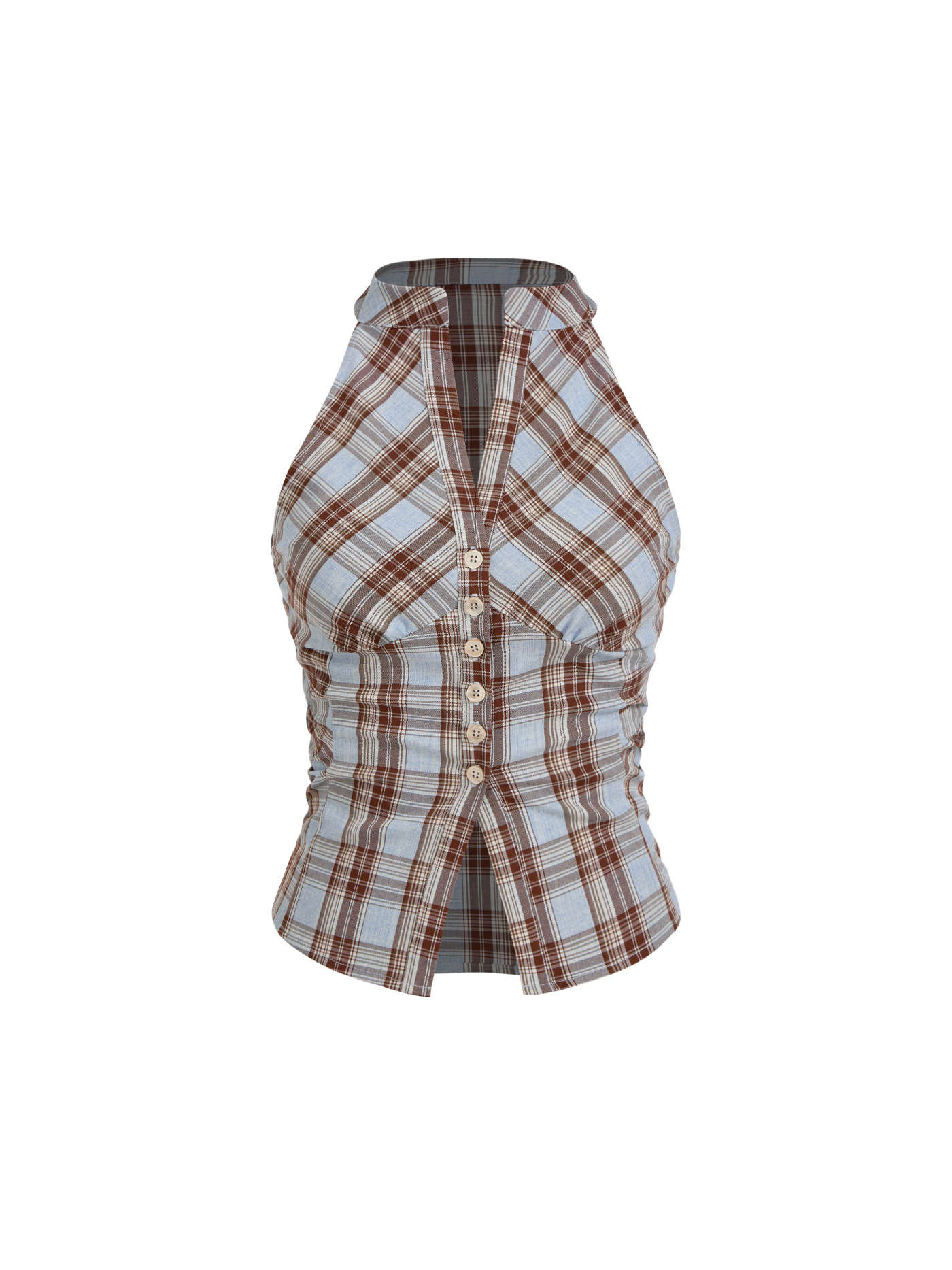 Woven Stand Collar Plaid Ruched Split Top For Daily Casual | Cider