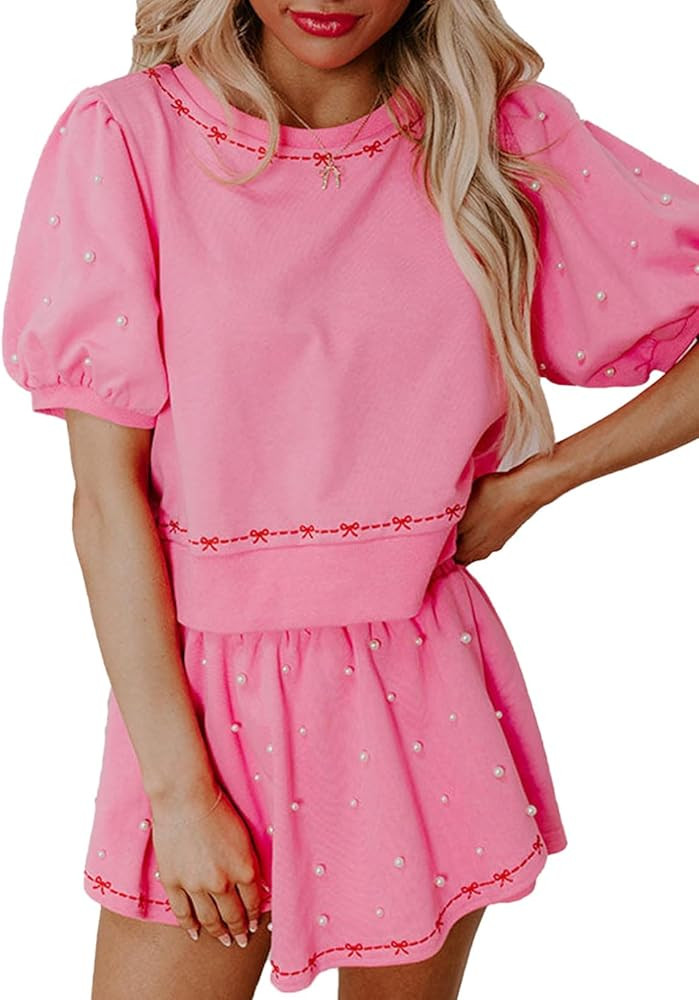 Apvirdy Women's Summer Two Piece Outfits Contrast Bow Trim Pearl Puff Sleeve Blouse and Casual Lo... | Amazon (US)