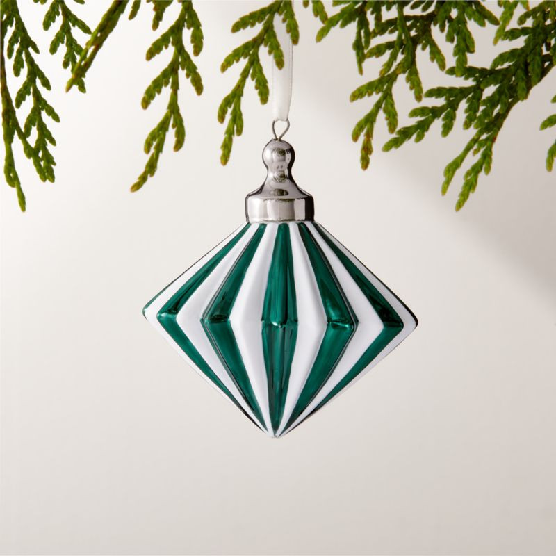 Bordeaux Drop Green and White Glass Christmas Tree Ornament 3.5" + Reviews | CB2 | CB2