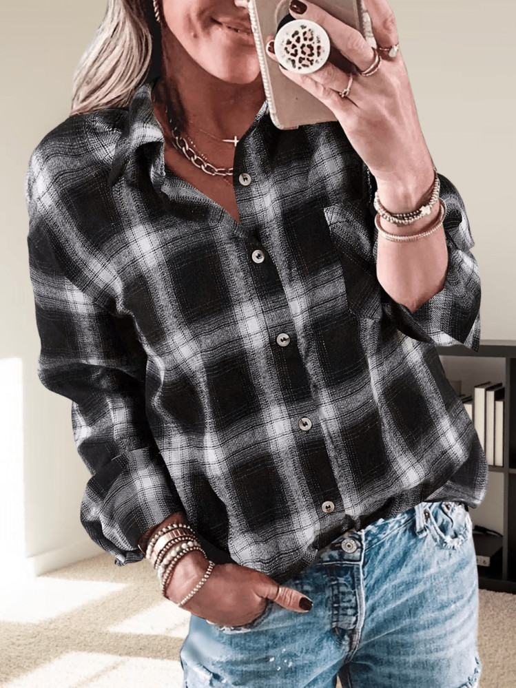 Womens Long Sleeve Button Down Shirt Casual Plaid Flannel Shirt Collared Blouse Tops | SHEIN