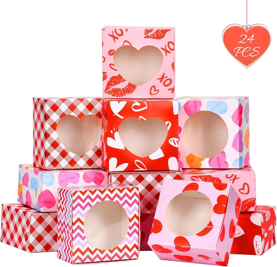 MOORAY 24 Pcs Valentines Day Bakery Treat Boxes 4.5 x 4.5 x 2.5 Inches Valentines Cupcake Boxes V... | Amazon (US)