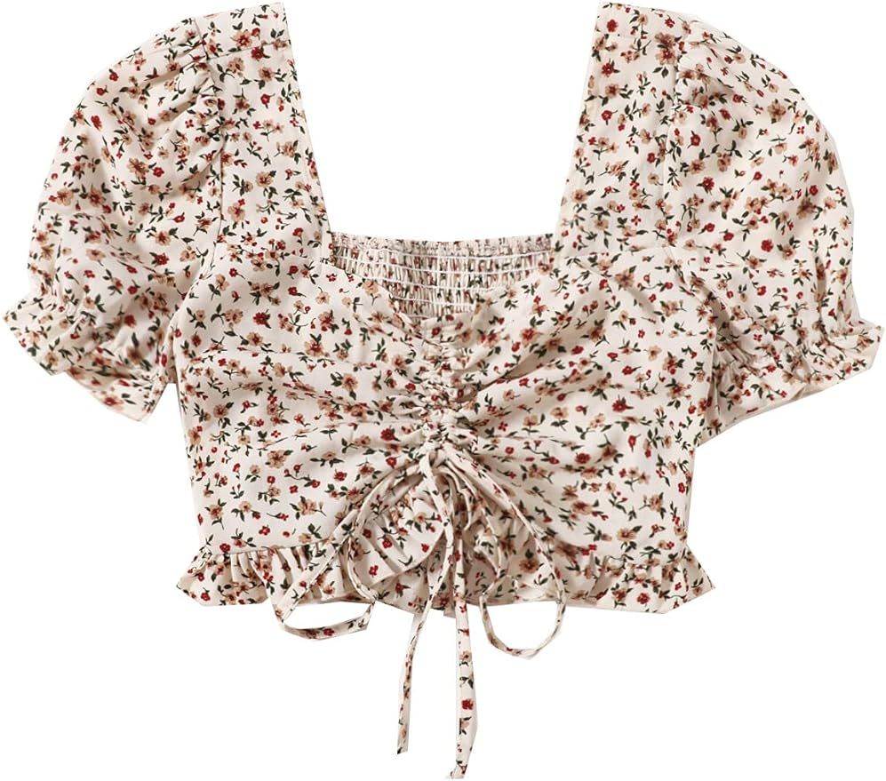 SweatyRocks Women's Floral Print Puff Short Sleeve Square Neck Crop Top Schiffy Drawstring Blouse | Amazon (US)