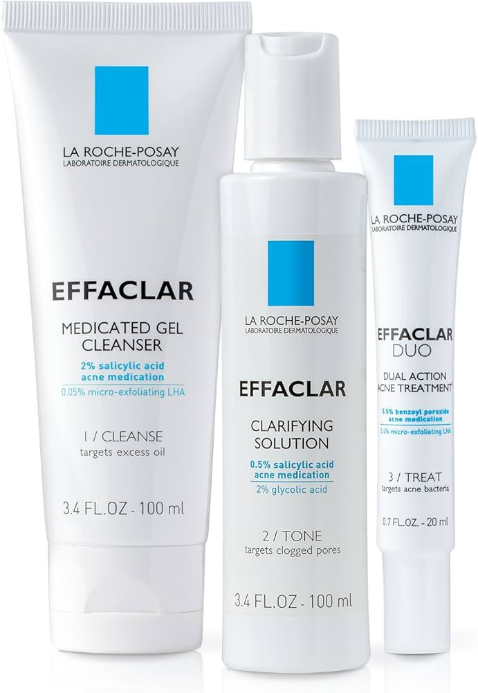 La Roche-Posay Effaclar Dermatological 3 Step Acne Treatment System, Salicylic Acid Acne Cleanser... | Amazon (US)