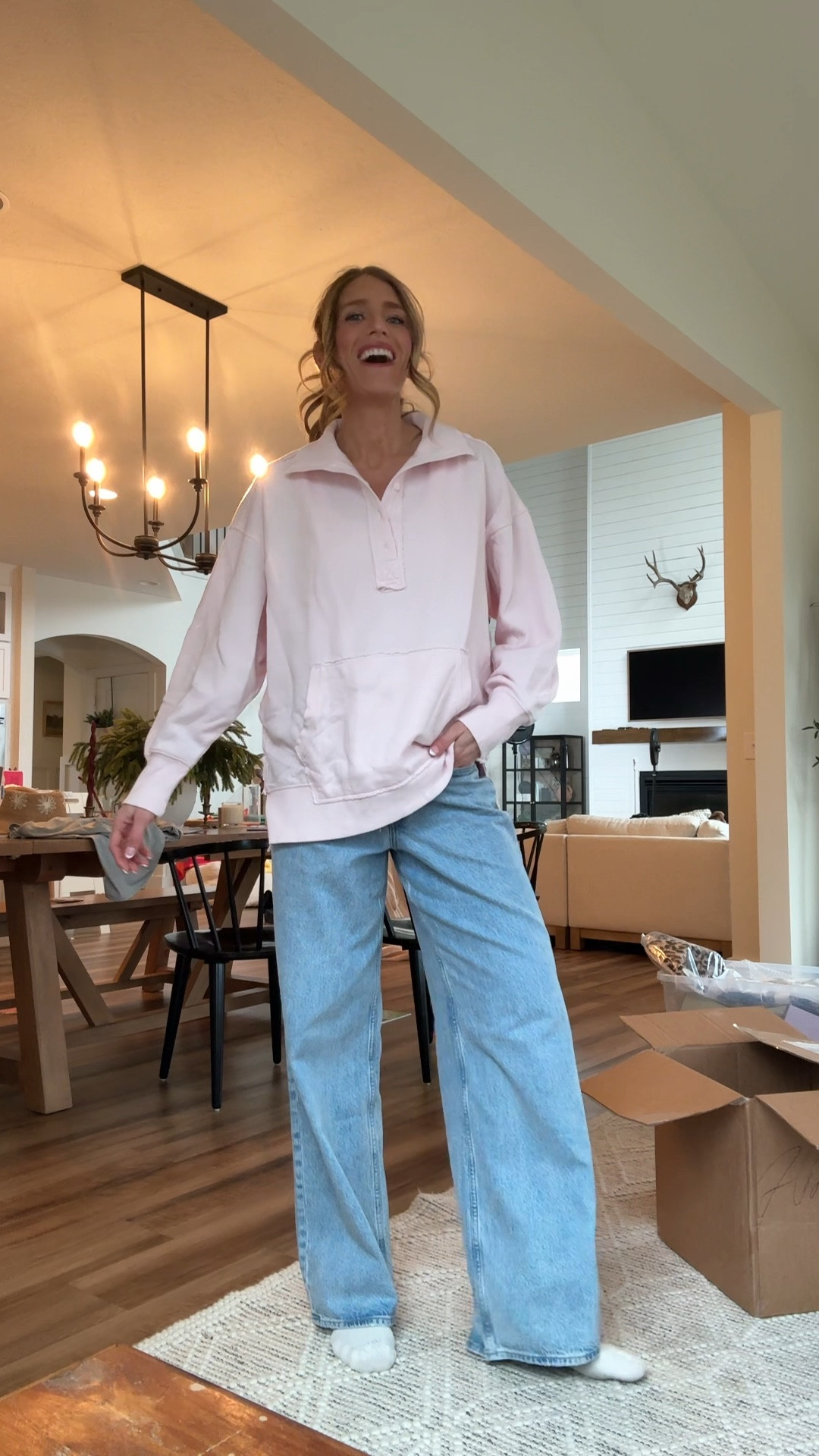 Today’s outfit! Bump friendly, tall girl friendly, and love how comfy it is. 
Sweatshirt: runs oversized. Still wearing medium for length 
Jeans: run bigger. I size down to 26 long pre-pregnancy and I wear a 28 long pregnant 

#LTKTall #LTKootd #LTKBump