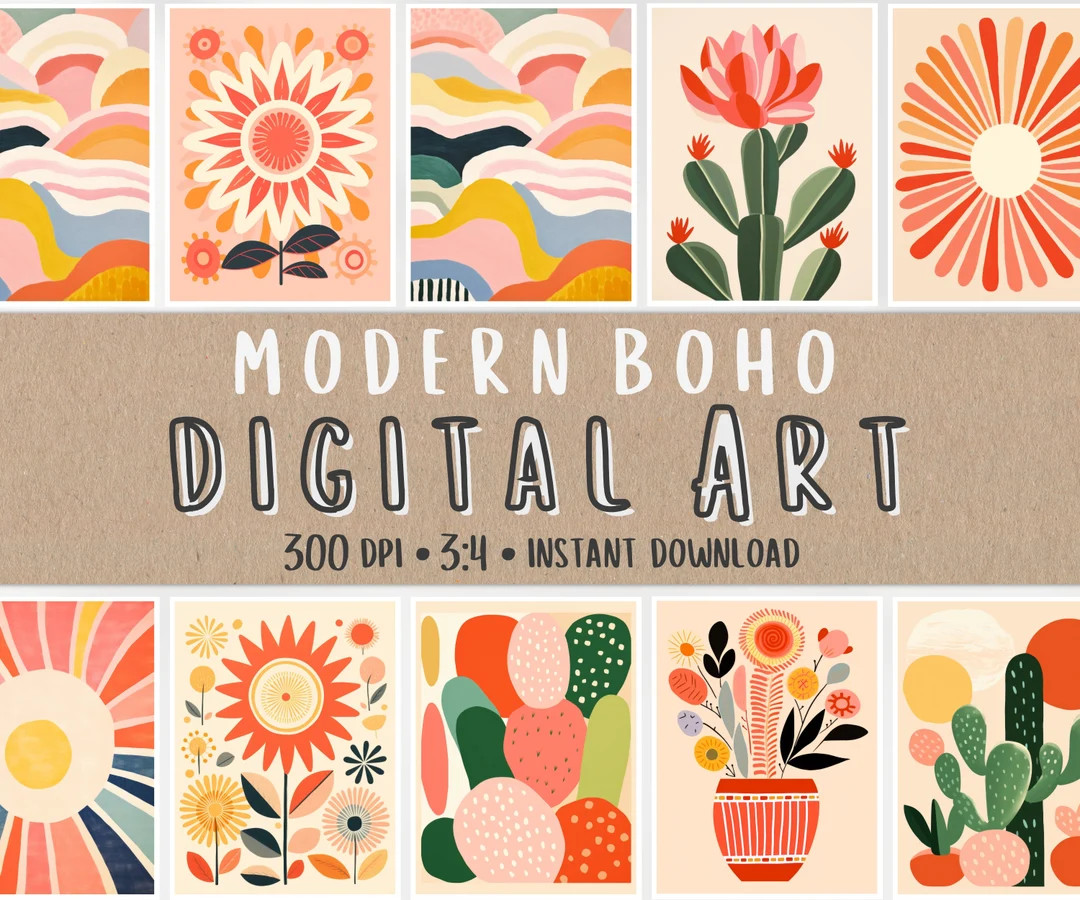 Boho Posters Digital Art Pack, Instant Download Modern Bohemian Bundle, Graphic Design, POD Print... | Etsy (US)