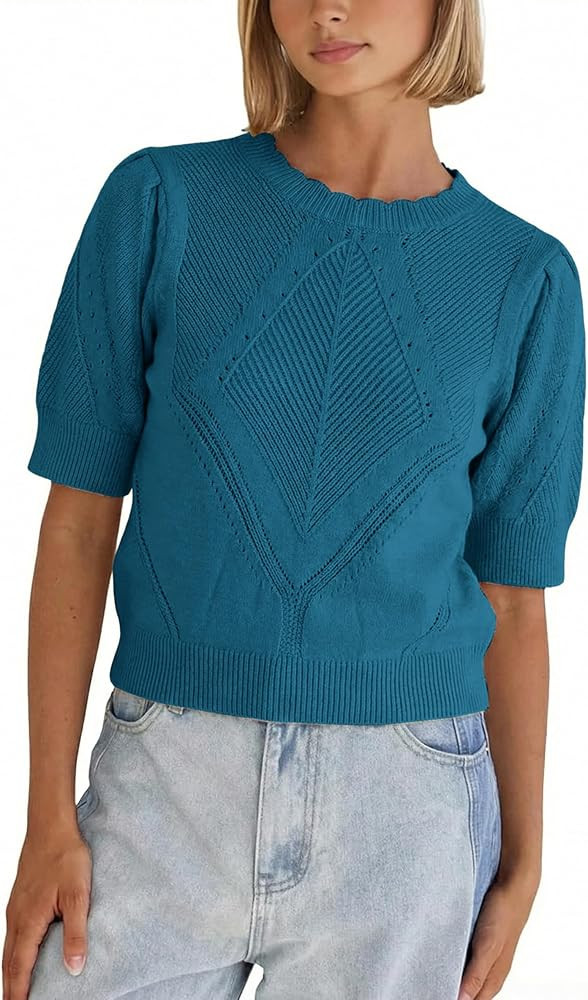 SCUSTY Women's Short Sleeve Knit Sweater Puff Sleeve Crew Neck Cropped Lightweight Knit Pullover ... | Amazon (US)