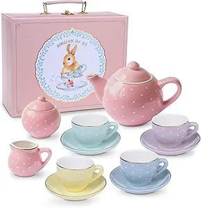 Jewelkeeper Porcelain Tea Set for Little Girls, Pastel Polka Dot, 13 Pieces | Amazon (US)