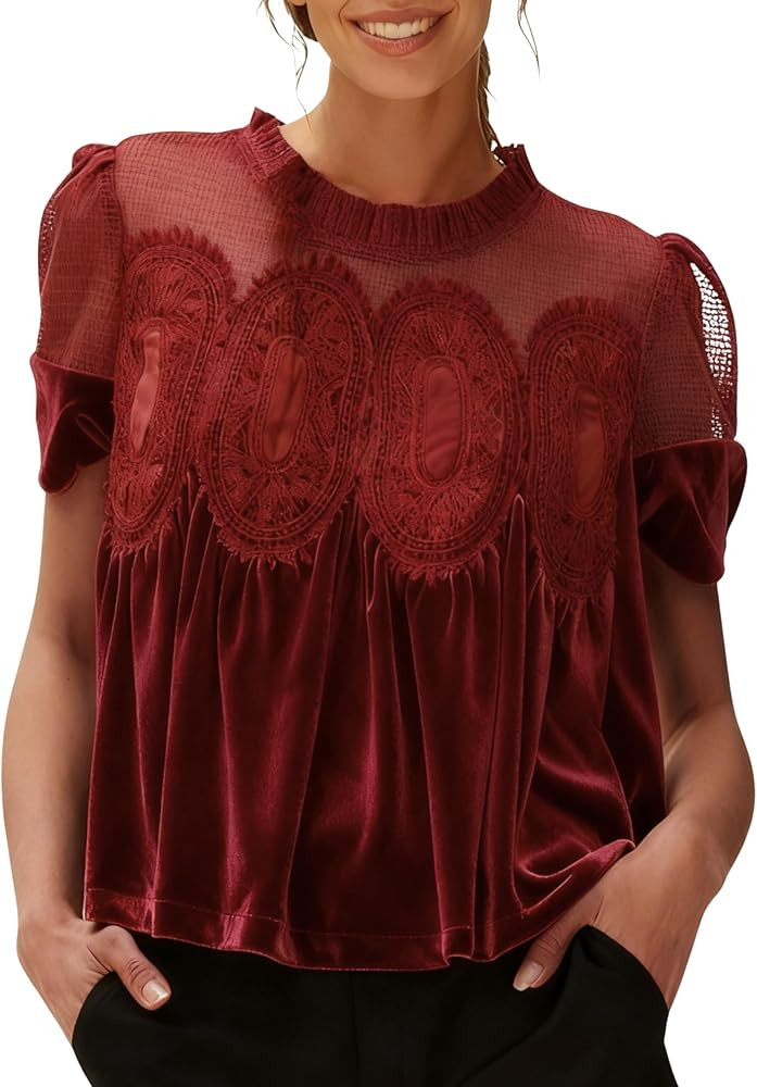 Gozoloma Women's Velvet Lace Blouse Casual Round Neck Short Sleeve Flared Swing Top Elegant Loose... | Amazon (US)
