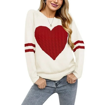 Pullover Sweaters for Women Cute Heart Print Valentines Day Crewneck Fall Winter Knitted Strie Sweaters Warm Long Sleeve Jumper Tops Alsol Lamesa | Walmart (US)