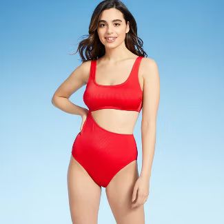 Women's Textured Ribbed Side Cut Out Medium Coverage One Piece Swimsuit - Kona Sol™ Lively Red | Target