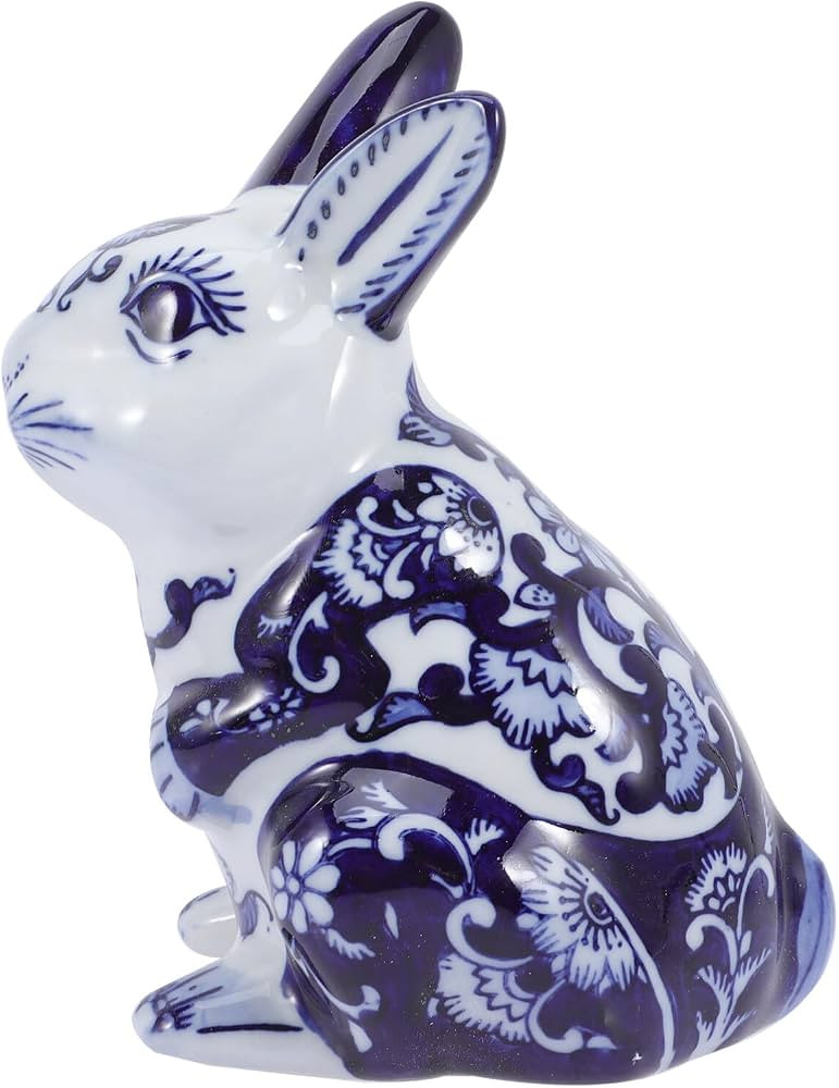 VOSAREA Ceramic Rabbit Figurine Blue and White Porcelain Bunny Statue Chinoiserie Decor for Home ... | Amazon (US)