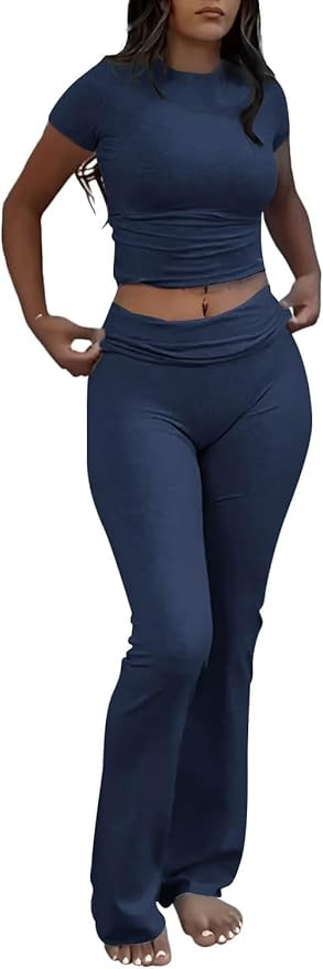 ZFLM Casual Workout Two Piece Outfits for Women Short Sleeve Crop High Waist Foldover Flare Pants... | Amazon (US)