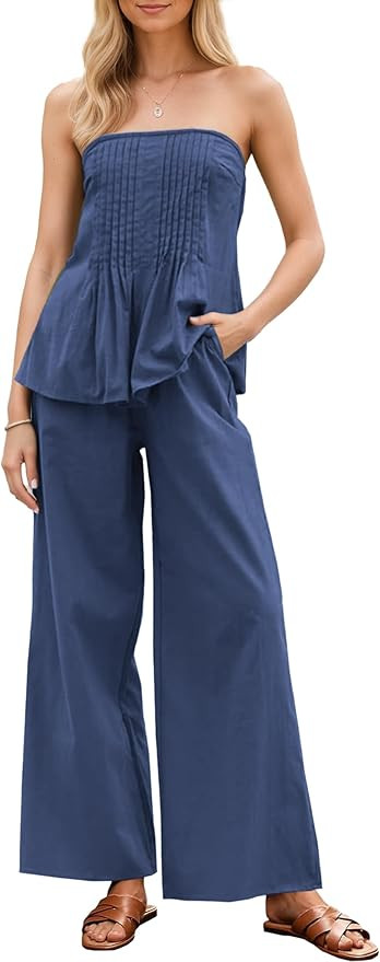 Kikibell Summer Sets Women 2 Piece Outfits Tube Top Wide Leg Pants Casual Beach Vacation Matching... | Amazon (US)
