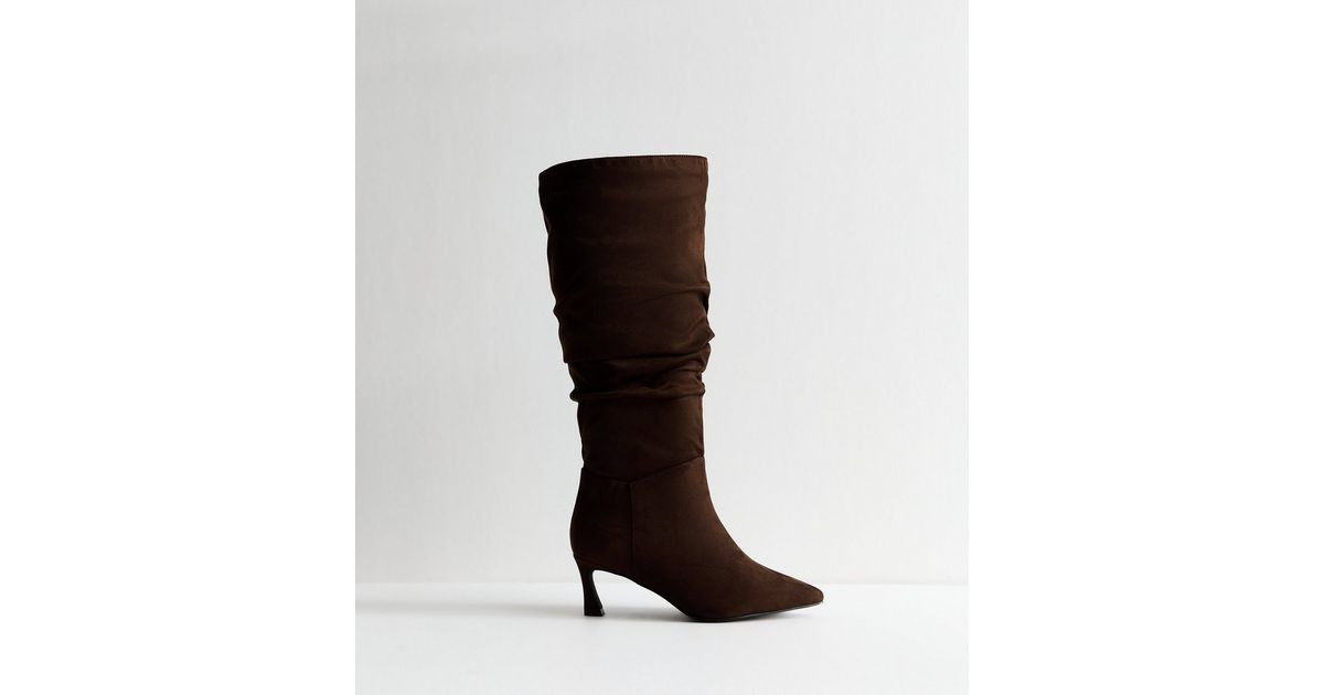 Wide Fit Brown Faux Suede Ruched Knee High Boots | New Look | New Look (UK)
