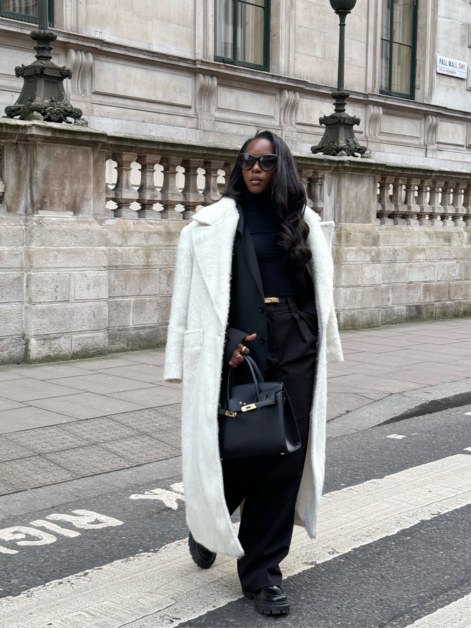 Black and white outfit, chic styling, winter fashion, cosy outfit, winter styling, formal trousers, work outfit, black bodysuit, black loafers, H&M, ASOS, white coat, maxi coat, Gucci sunglasses, black blazer 

#LTKstyletip #LTKSeasonal #LTKeurope