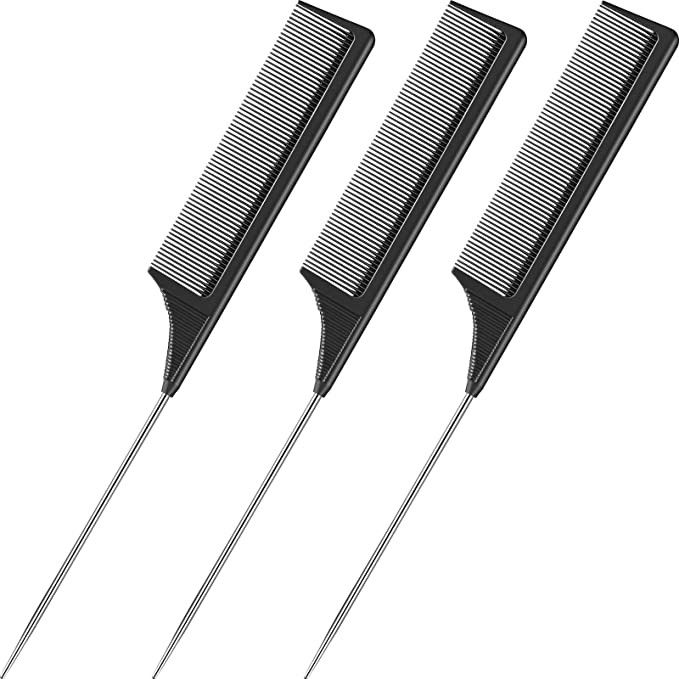 3 Packs Rat Tail Comb Steel Pin Rat Tail Carbon Fiber Heat Resistant Teasing Combs with Stainless... | Amazon (US)