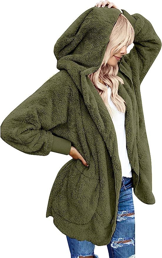 luvamia Women Fuzzy Fleece Open Front Pockets Hooded Cardigan Jacket Coat Outwear | Amazon (US)