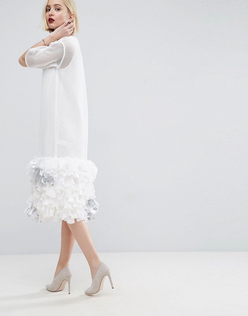 ASOS WHITE - Halblanges Kleid mit Netzstofflage und geschnürtem Saumdetail - Weiß | Asos AT