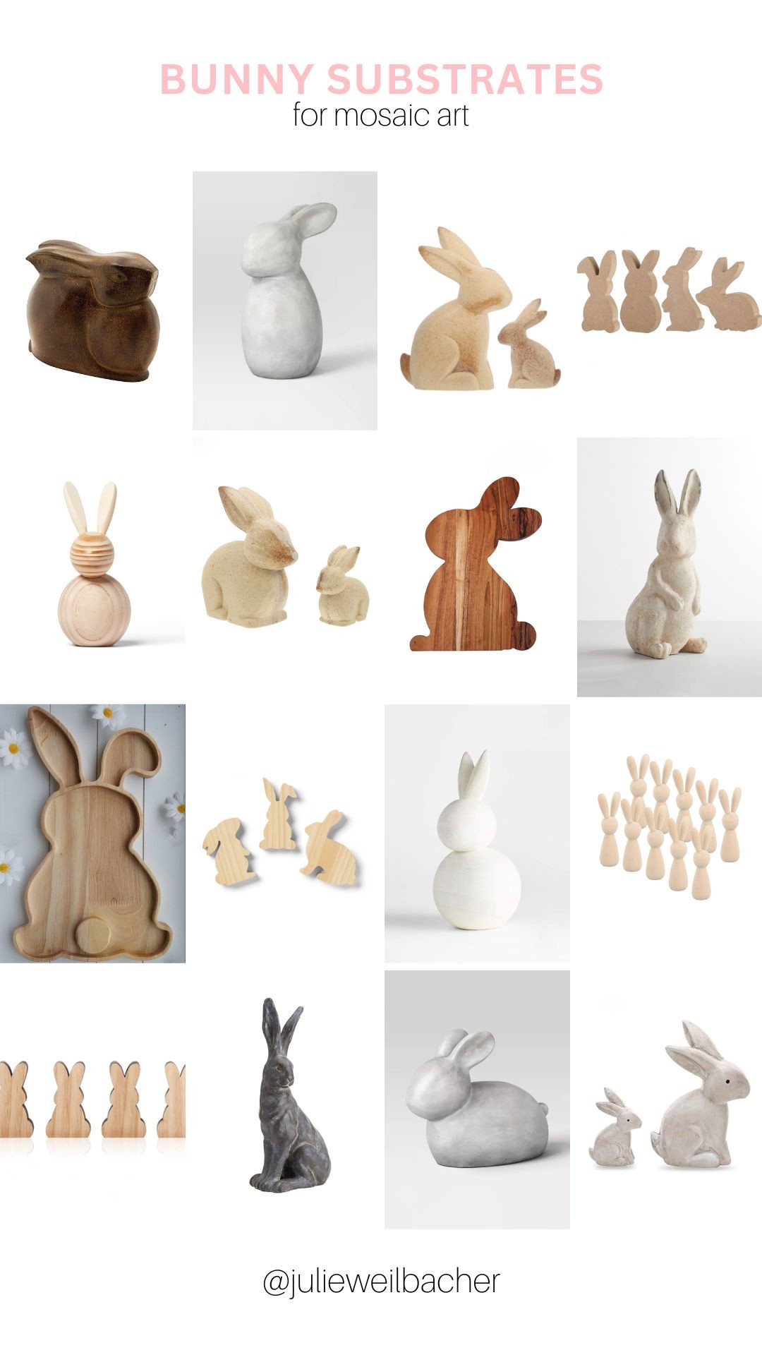 Sharing the cutest collection of bunny substrates for your spring crafts, mosaic art, and home decor. 🐰 DIY your Easter decor with bunnies made from wood, metal, and cement. 🐰 For mosaic tips, tutorials, inspiration, and so much more please visit my YouTube channel: YouTube.com/julieweilbacher. Follow @julieweilbacher on Instagram for all things mosaic art. bunny - mosaic - Easter decor - Spring tablescape - Easter crafts - Easter tablescape - diy spring decor - cute bunny decor - spring hostess gift

#LTKHome #LTKSeasonal #LTKFindsUnder50