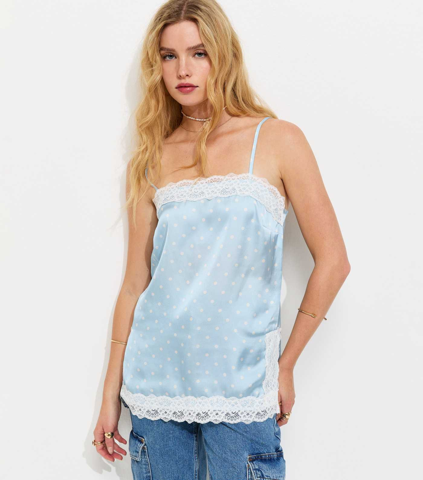 Blue Satin Lace Trim Polka Dot Cami Top | New Look | New Look (UK)