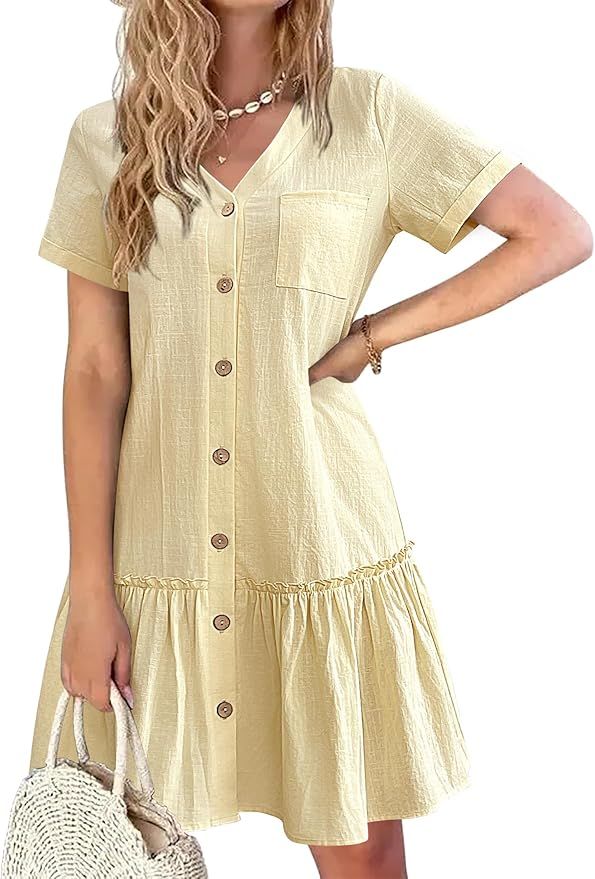 HOTOUCH Women Button Down Dress Loose Summer Cotton Linen Dress Ruffle Hem Casual Dress Short Sle... | Amazon (US)