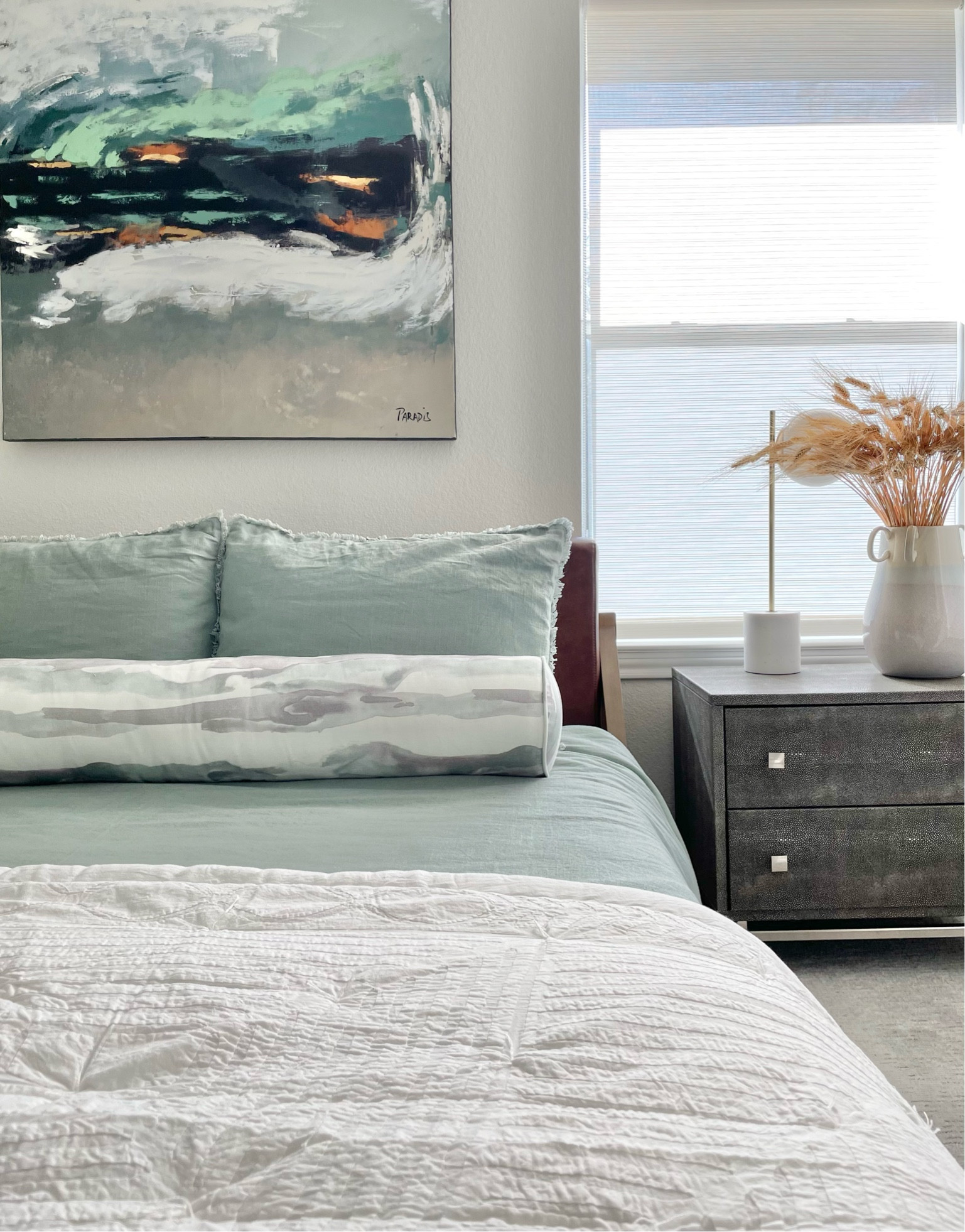 Refreshing guest bedroom decor. Sage duvet with matching shams, textured appliqué quilt, shagreen nightstand with modern globe lamp  

#LTKhome #LTKFind #LTKstyletip