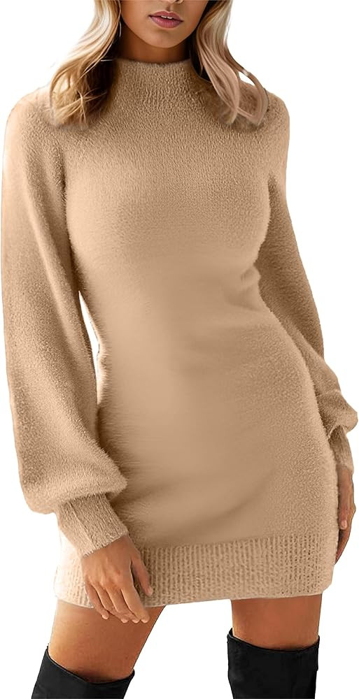 GRECERELLE Women's Mock Neck Ribbed Long Sleeve Bodycon Pullover Cute Mini Sweater Dress | Amazon (US)