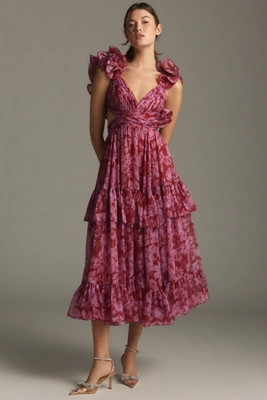 Mac Duggal Sleeveless V-Neck Tiered Ruffled Chiffon Midi Dress | Anthropologie (US)